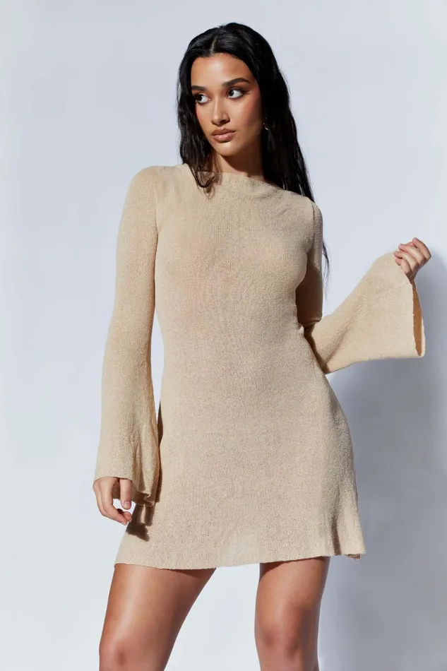 Meshki Mini Dresses Women Zahra Long Sleeve Open Back Mini Knit Dress 8211 Wheat Wheat
