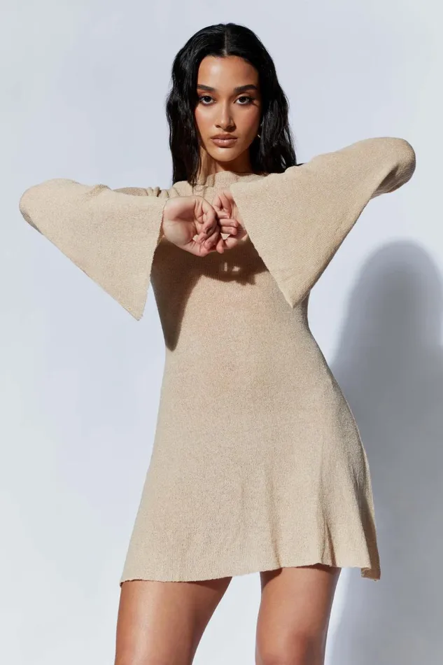 Meshki Mini Dresses Women Zahra Long Sleeve Open Back Mini Knit Dress 8211 Wheat Wheat