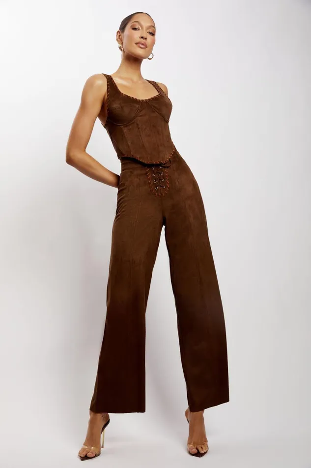 Meshki Pants Women Audrey Suede Wideleg Pants 8211 Chocolate Chocolate