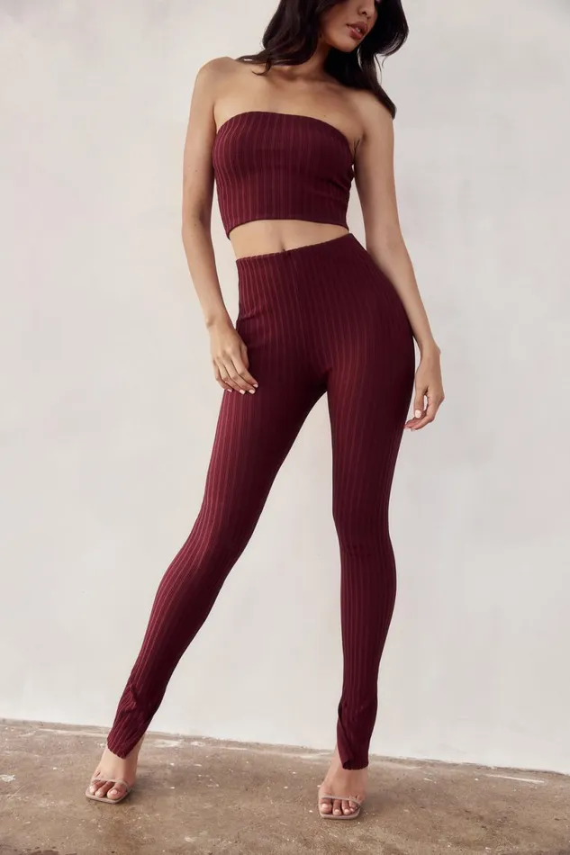 Meshki Pants Women Jordi Side Split Knit Leggings 8211 Cherry Chocolate Cherrychocolate