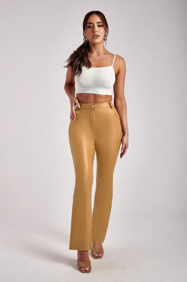 Meshki Pants Women Tyra Straight Leg Faux Leather Pants 8211 Tan Tan