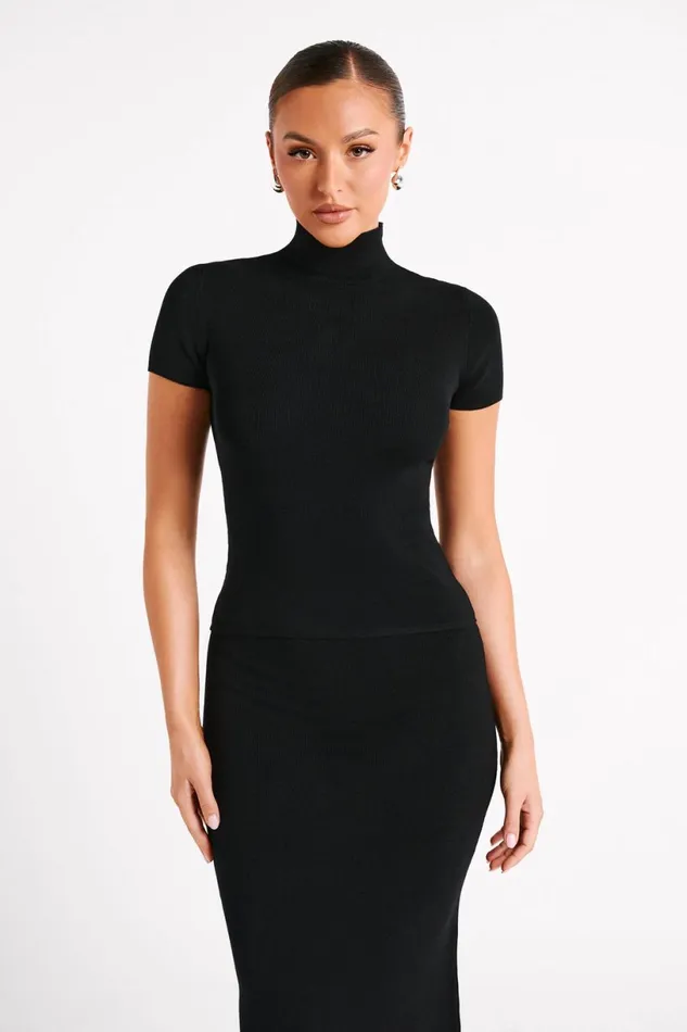 Meshki Short Sleeve Tops Women Marianna Ribbed High Neck Top 8211 Black Black