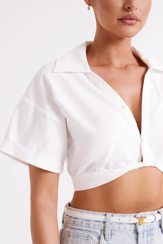 Meshki Short Sleeve Tops Women Mavis Twist Front Cotton Shirt 8211 White White