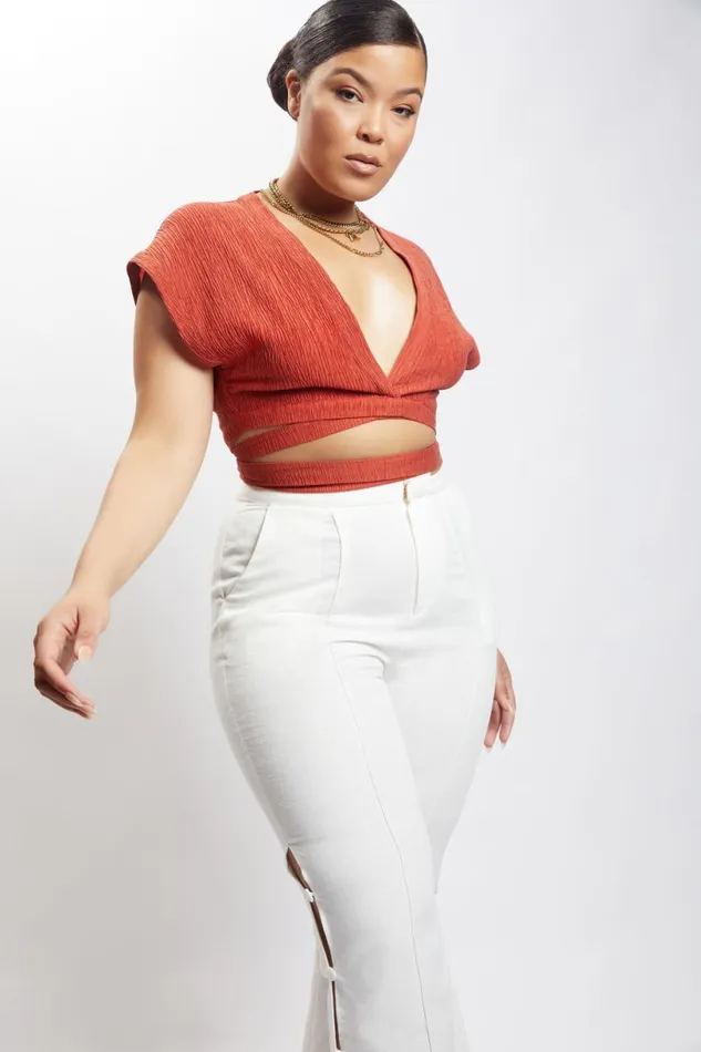 Meshki Short Sleeve Tops Women Rosa Crinkle Satin Crop Top 8211 Burnt Orange Burntorange Meshki Short Sleeve Tops Women Rosa Crinkle Satin Crop Top 8211 Burnt Orange Burntorange