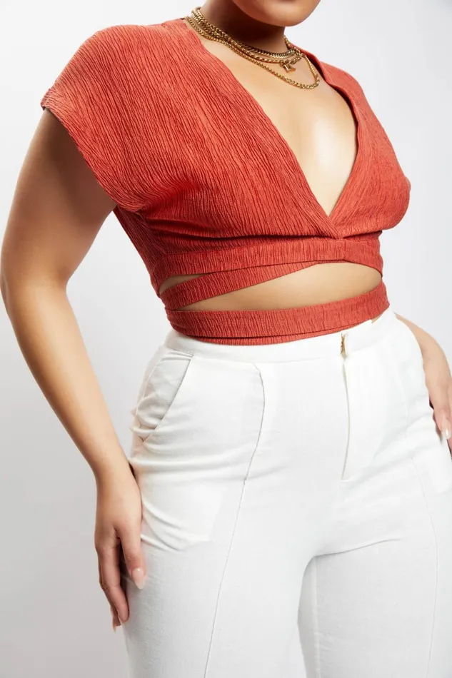 Meshki Short Sleeve Tops Women Rosa Crinkle Satin Crop Top 8211 Burnt Orange Burntorange Meshki Short Sleeve Tops Women Rosa Crinkle Satin Crop Top 8211 Burnt Orange Burntorange