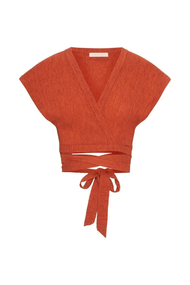 Meshki Short Sleeve Tops Women Rosa Crinkle Satin Crop Top 8211 Burnt Orange Burntorange Meshki Short Sleeve Tops Women Rosa Crinkle Satin Crop Top 8211 Burnt Orange Burntorange