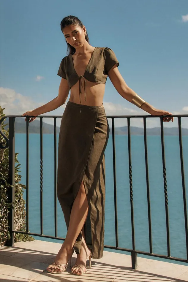 Meshki Skirts Women Fatima Linen Wrap Maxi Skirt 8211 Khaki Khaki
