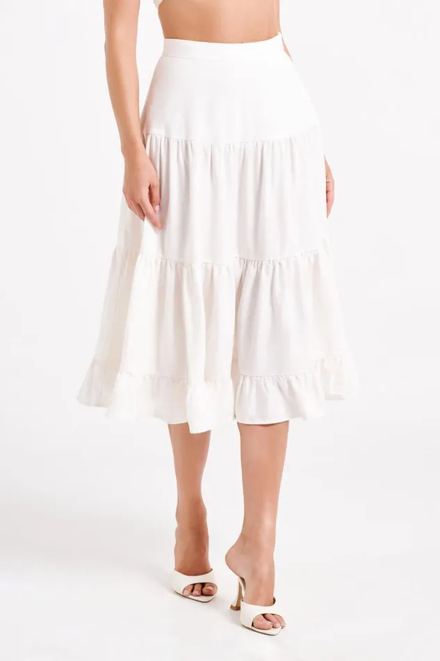 Meshki Skirts Women Hilaria Tiered Linen Midi Skirt 8211 White White Meshki Skirts Women Hilaria Tiered Linen Midi Skirt 8211 White White