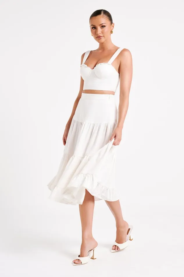 Meshki Skirts Women Hilaria Tiered Linen Midi Skirt 8211 White White Meshki Skirts Women Hilaria Tiered Linen Midi Skirt 8211 White White