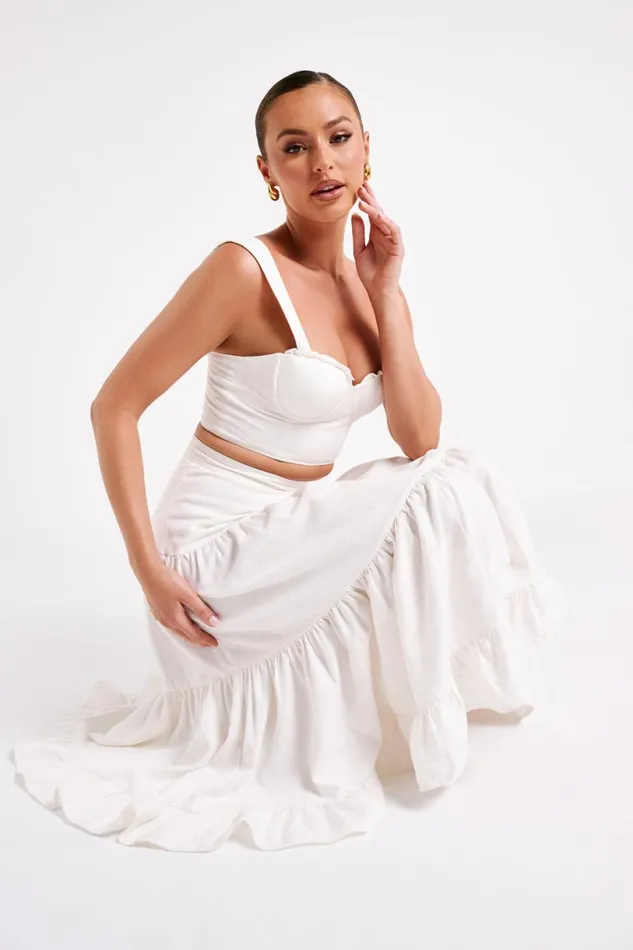 Meshki Skirts Women Hilaria Tiered Linen Midi Skirt 8211 White White Meshki Skirts Women Hilaria Tiered Linen Midi Skirt 8211 White White