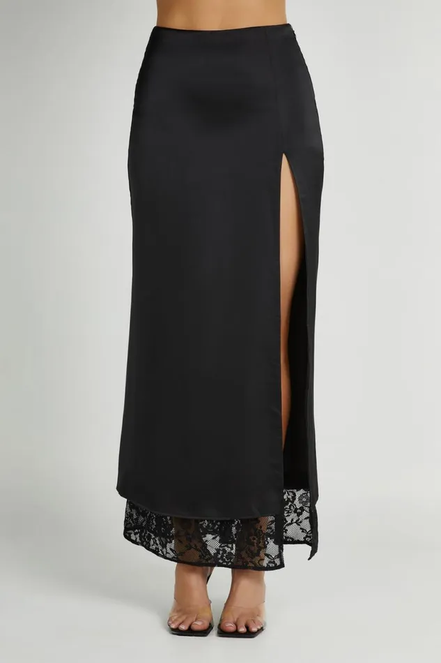 Meshki Skirts Women Mia Satin Lace Midi Skirt 8211 Black Black