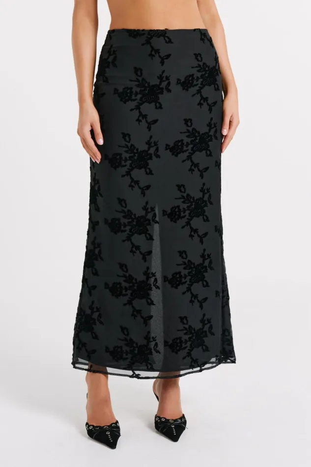 Meshki Skirts Women Mona Burnout Velvet Maxi Skirt 8211 Black Black