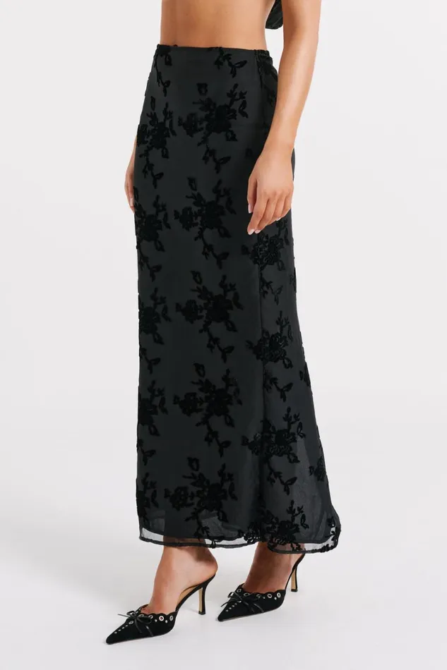 Meshki Skirts Women Mona Burnout Velvet Maxi Skirt 8211 Black Black