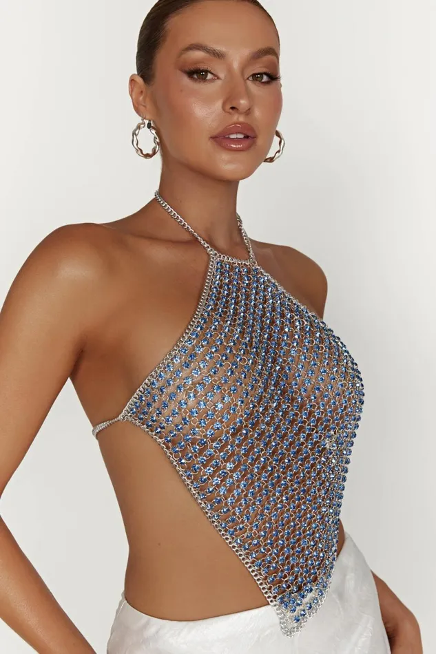 Meshki Sleeveless Tops Women Asteria Diamante Halter Top 8211 Powder Blue Powder Blue