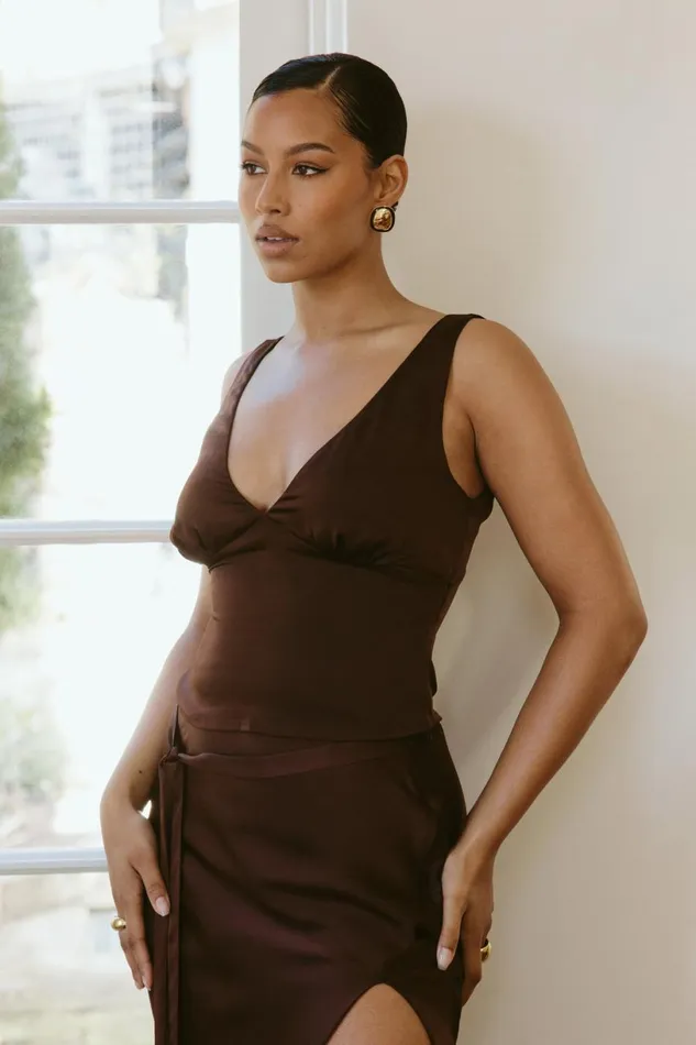 Meshki Sleeveless Tops Women Edie Satin Top 8211 Dark Chocolate Darkchocolate Meshki Sleeveless Tops Women Edie Satin Top 8211 Dark Chocolate Darkchocolate
