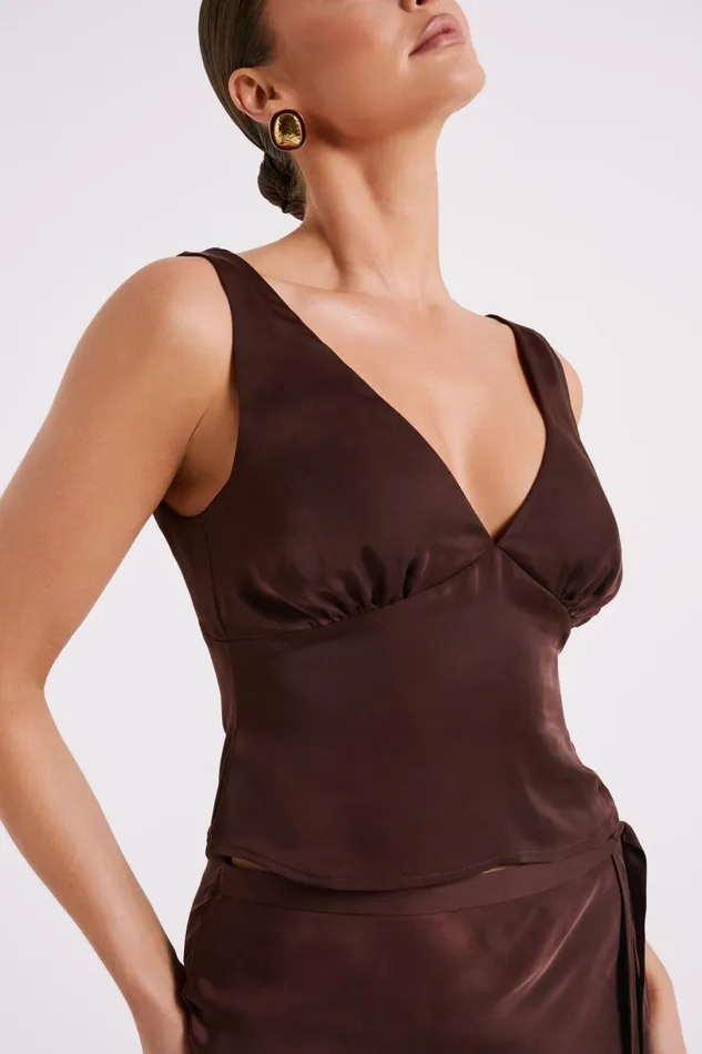 Meshki Sleeveless Tops Women Edie Satin Top 8211 Dark Chocolate Darkchocolate