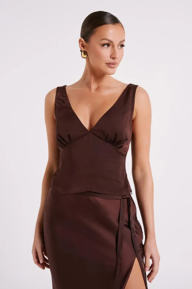 Meshki Sleeveless Tops Women Edie Satin Top 8211 Dark Chocolate Darkchocolate