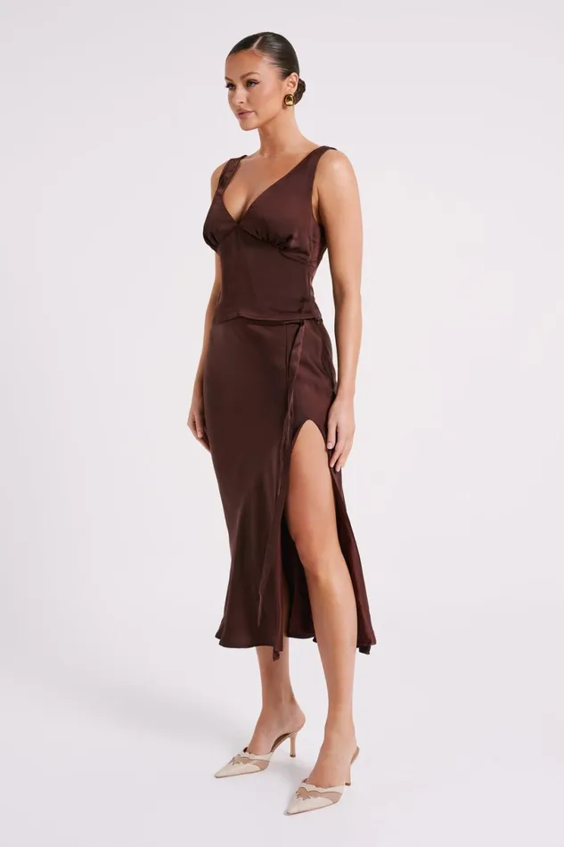 Meshki Sleeveless Tops Women Edie Satin Top 8211 Dark Chocolate Darkchocolate