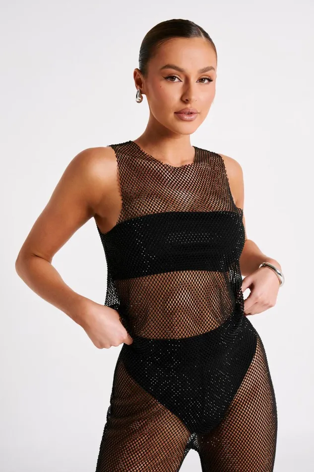 Meshki Sleeveless Tops Women Emerson Diamante Mesh Tank Top 8211 Black Black