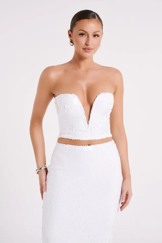 Meshki Sleeveless Tops Women Zariah Strapless Sequin V Corset 8211 White White Meshki Sleeveless Tops Women Zariah Strapless Sequin V Corset 8211 White White