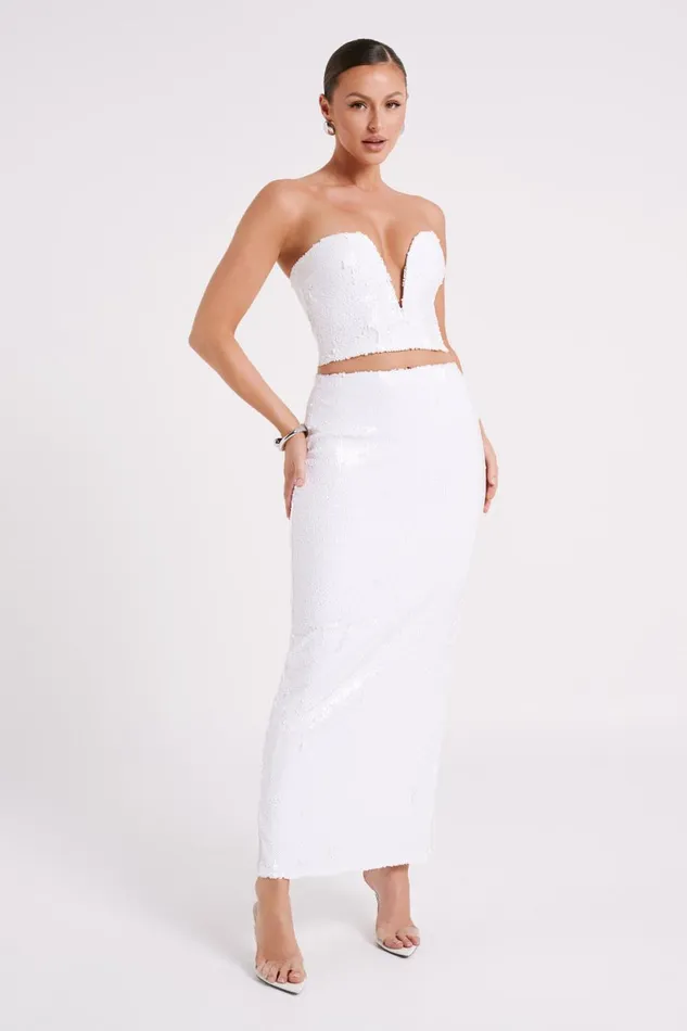 Meshki Sleeveless Tops Women Zariah Strapless Sequin V Corset 8211 White White