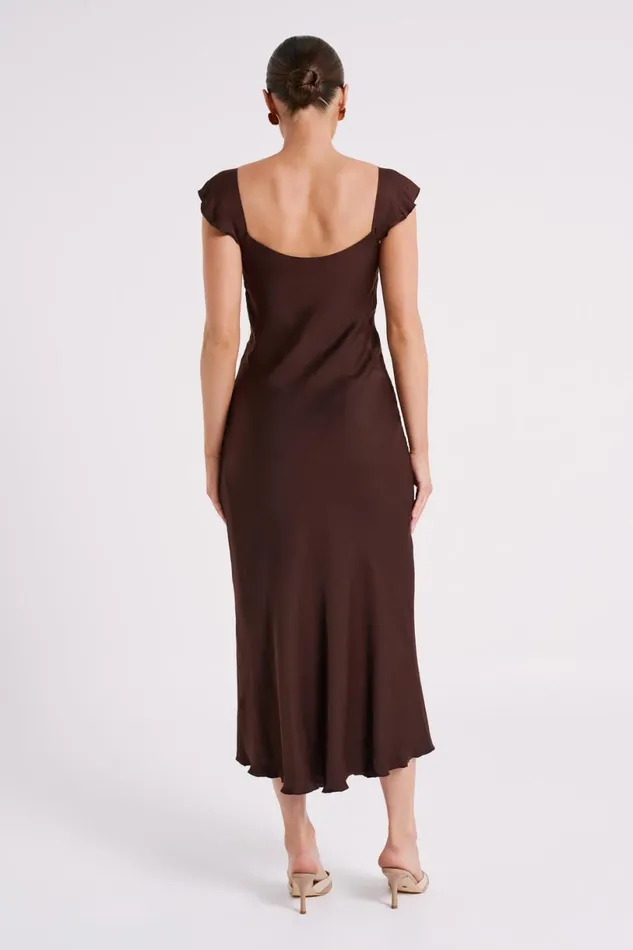 Meshki Summer Dresses Women Chantal Short Sleeve Satin Midi Dress 8211 Dark Chocolate Darkchocolate