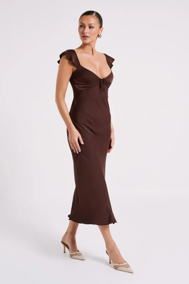 Meshki Summer Dresses Women Chantal Short Sleeve Satin Midi Dress 8211 Dark Chocolate Darkchocolate