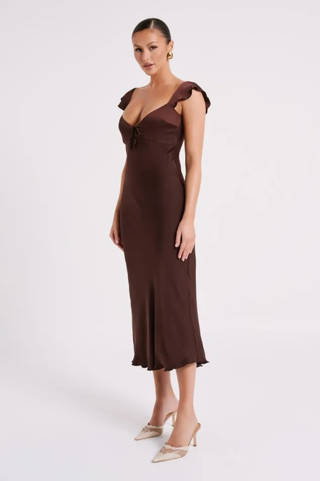Meshki Summer Dresses Women Chantal Short Sleeve Satin Midi Dress 8211 Dark Chocolate Darkchocolate