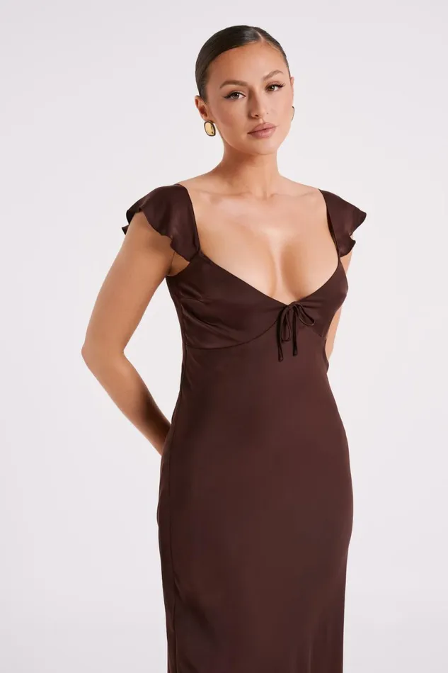Meshki Summer Dresses Women Chantal Short Sleeve Satin Midi Dress 8211 Dark Chocolate Darkchocolate