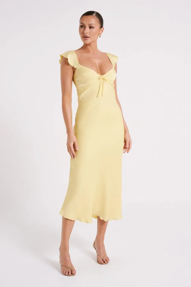 Meshki Summer Dresses Women Chantal Short Sleeve Satin Midi Dress 8211 Yellow Yellow