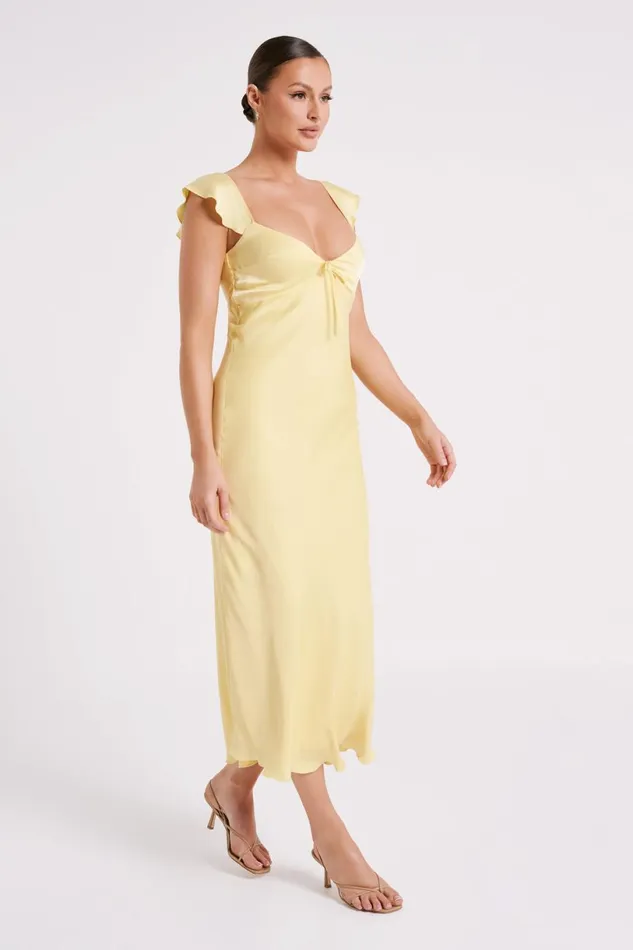 Meshki Summer Dresses Women Chantal Short Sleeve Satin Midi Dress 8211 Yellow Yellow