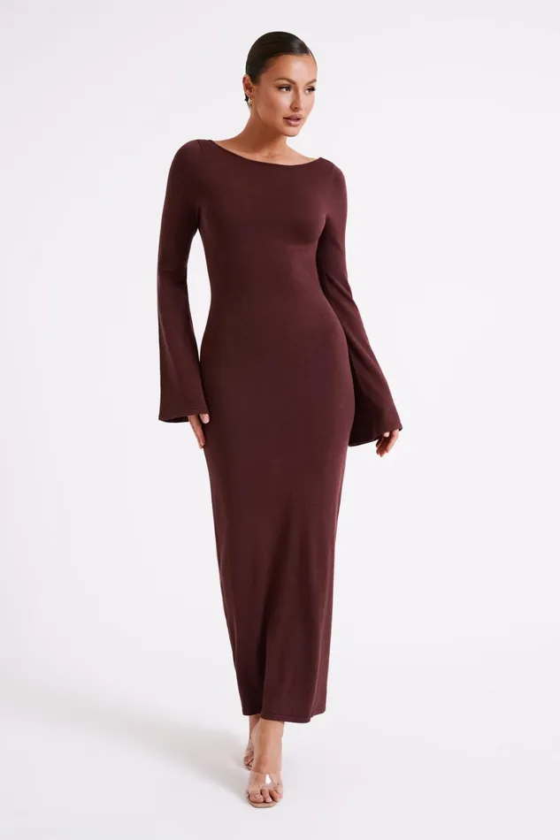 Meshki Summer Dresses Women Marleigh Flare Sleeve Knit Maxi Dress 8211 Dark Chocolate Darkchocolate