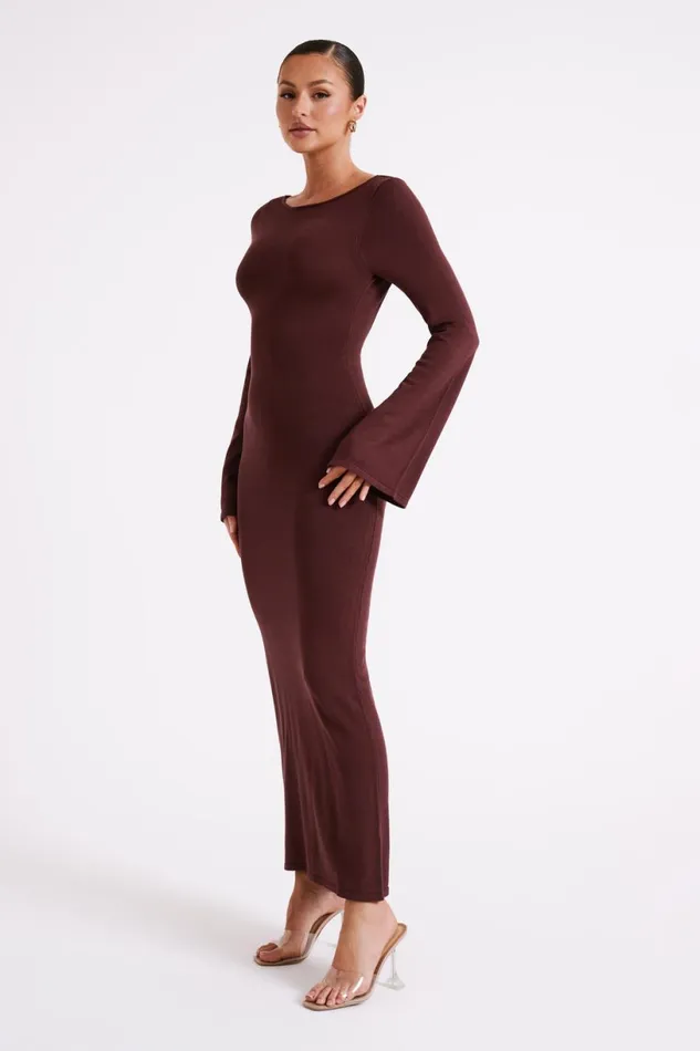 Meshki Summer Dresses Women Marleigh Flare Sleeve Knit Maxi Dress 8211 Dark Chocolate Darkchocolate