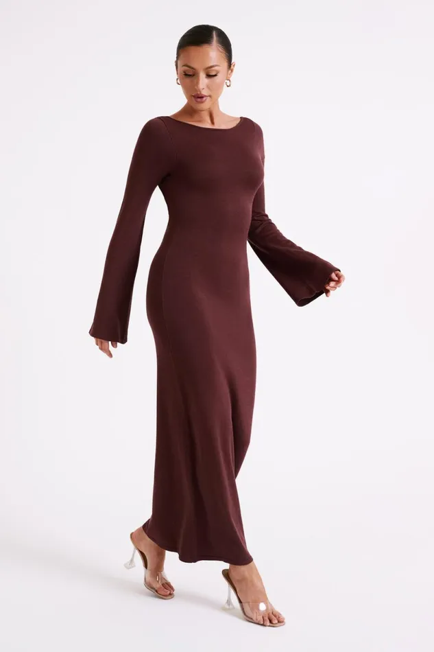 Meshki Summer Dresses Women Marleigh Flare Sleeve Knit Maxi Dress 8211 Dark Chocolate Darkchocolate