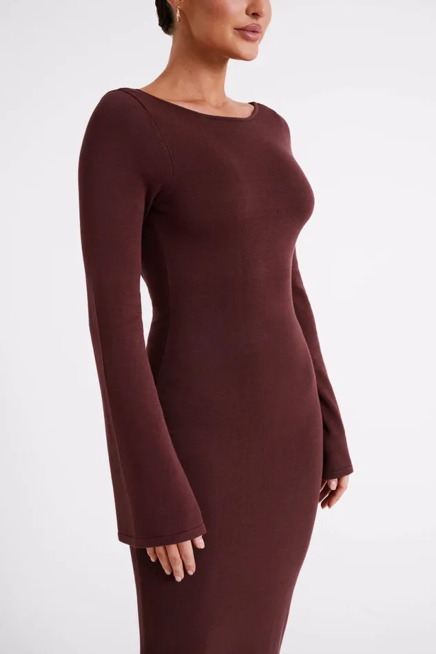 Meshki Summer Dresses Women Marleigh Flare Sleeve Knit Maxi Dress 8211 Dark Chocolate Darkchocolate
