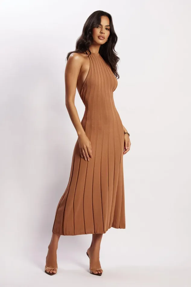 Meshki Wedding Guests Women Adrienne Halter Neck Midi Dress 8211 Tan Tan