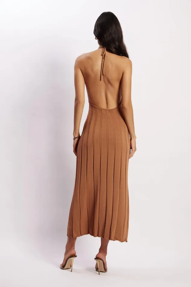 Meshki Wedding Guests Women Adrienne Halter Neck Midi Dress 8211 Tan Tan