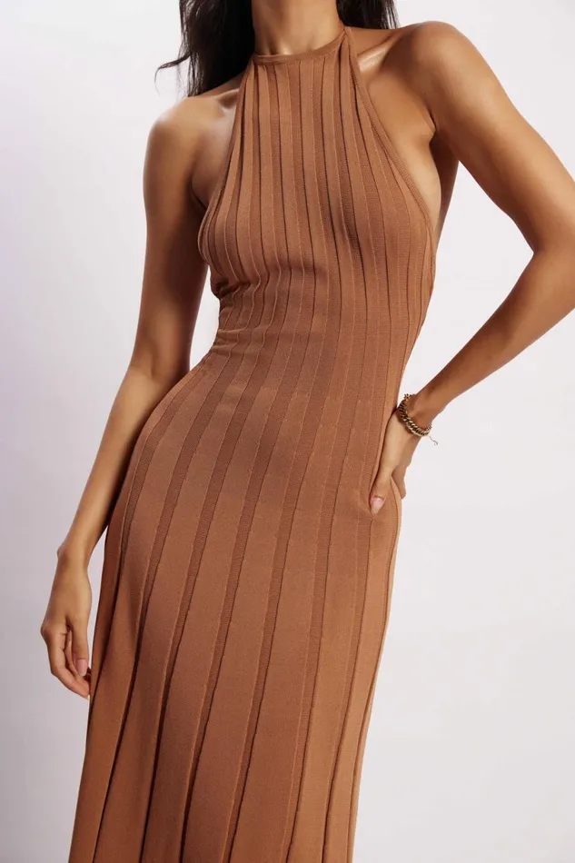 Meshki Wedding Guests Women Adrienne Halter Neck Midi Dress 8211 Tan Tan