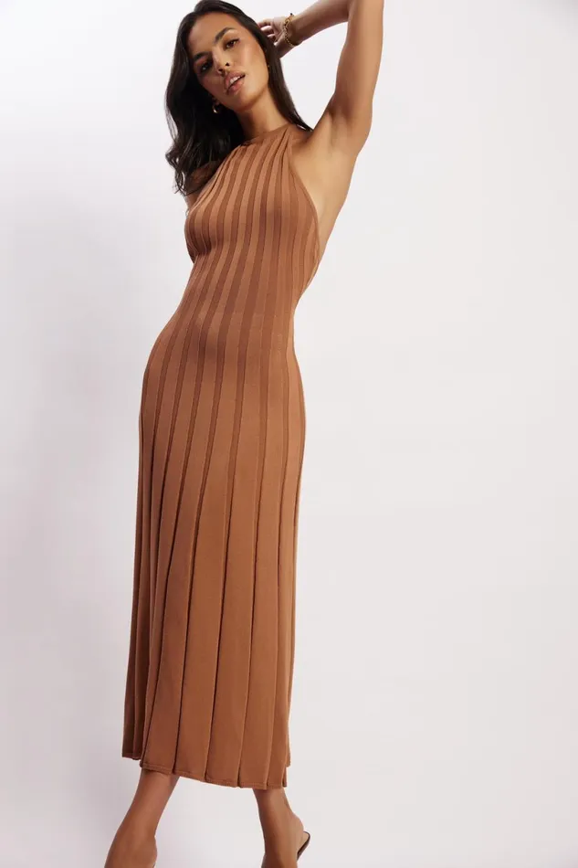 Meshki Wedding Guests Women Adrienne Halter Neck Midi Dress 8211 Tan Tan
