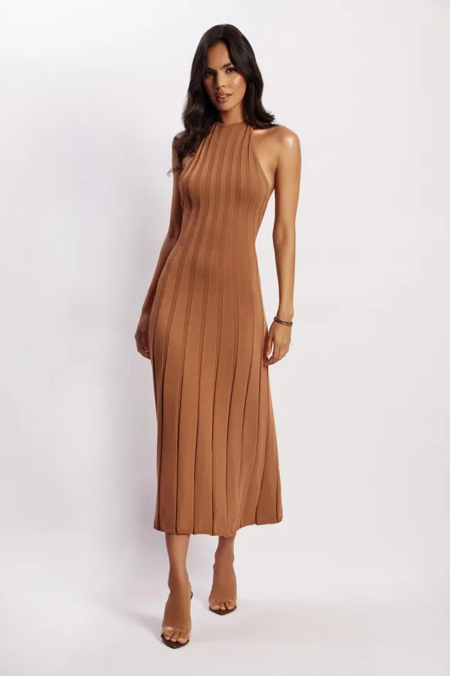 Meshki Wedding Guests Women Adrienne Halter Neck Midi Dress 8211 Tan Tan