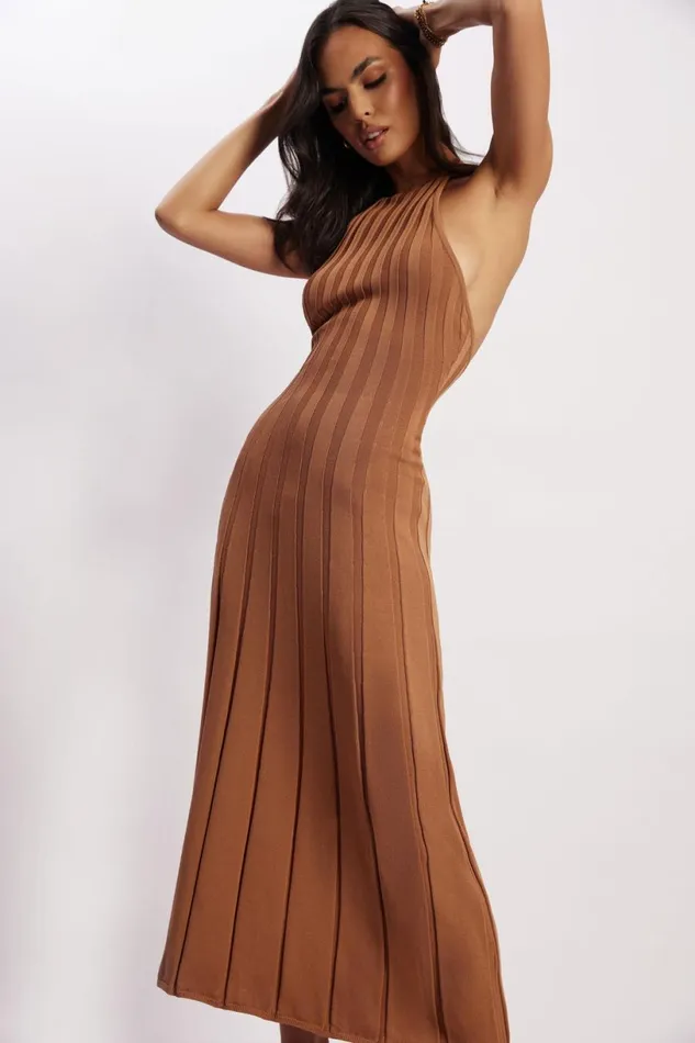 Meshki Wedding Guests Women Adrienne Halter Neck Midi Dress 8211 Tan Tan