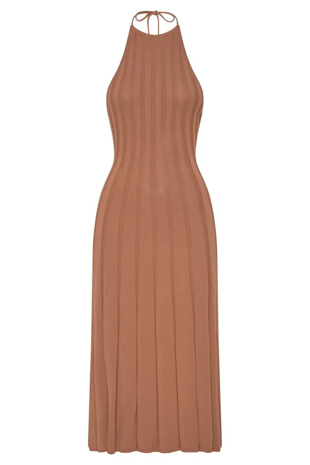 Meshki Wedding Guests Women Adrienne Halter Neck Midi Dress 8211 Tan Tan