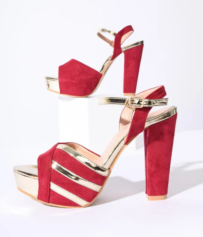Metallic Gold and Red Suede Platform Heels Shoes Unique Vintage Heels
