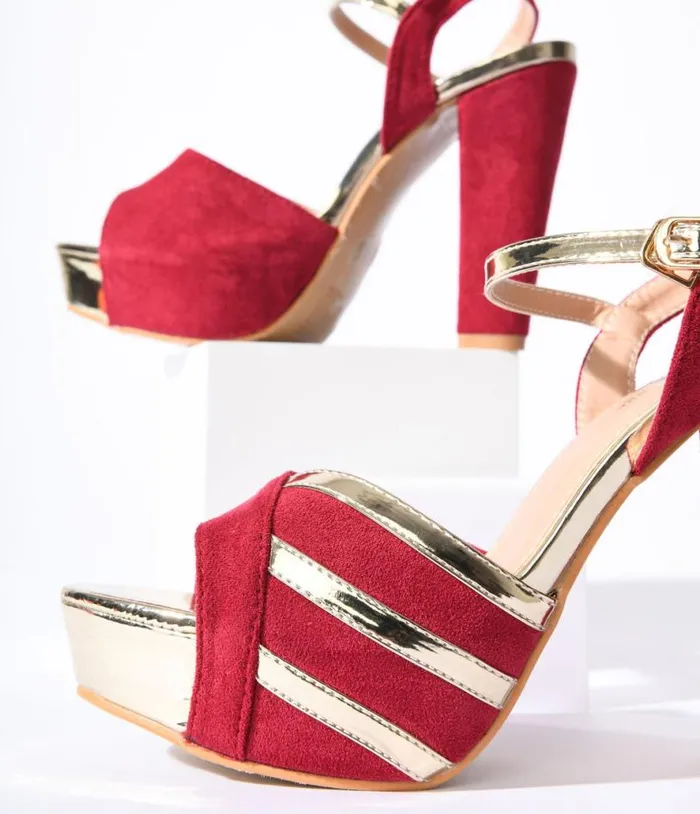 Metallic Gold and Red Suede Platform Heels Shoes Unique Vintage Heels