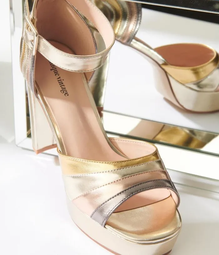 Metallic Gold Peep Toe Platform Heels Shoes Unique Vintage Heels