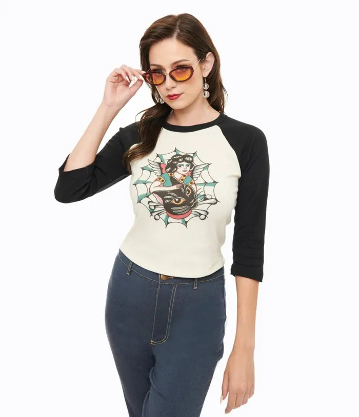 Mischief Made White and Black The Outlaw Lady Cat Cropped Graphic Tee ClothingPlus Unique Vintage Graphic Tees Mischief Made White and Black The Outlaw Lady Cat Cropped Graphic Tee ClothingPlus Unique Vintage Graphic Tees