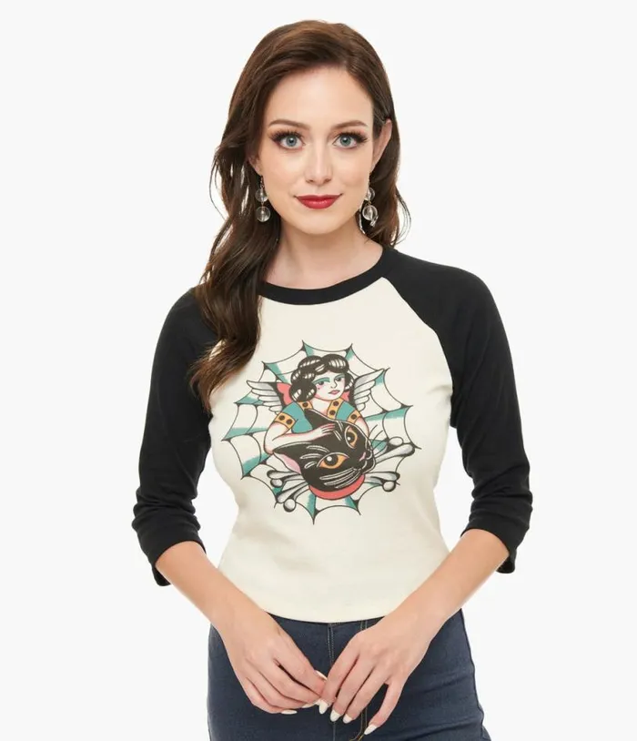 Mischief Made White and Black The Outlaw Lady Cat Cropped Graphic Tee ClothingPlus Unique Vintage Graphic Tees