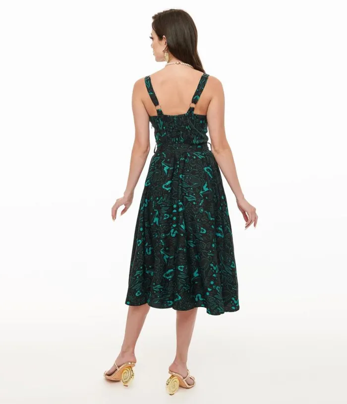 Miss Lulo 1950s Teal Sea Witch Print Lori Swing Dress Dresses Unique Vintage Pocket Dresses