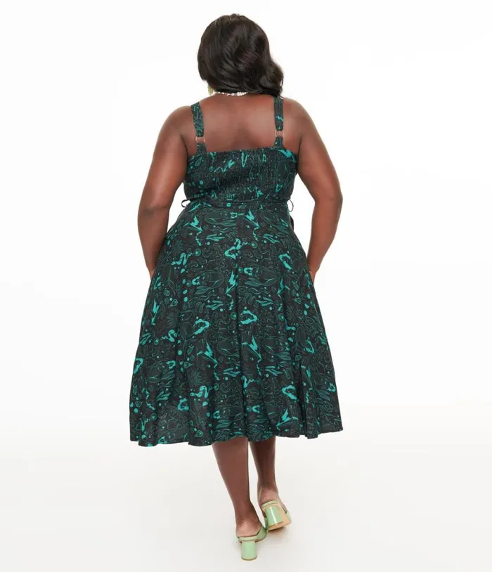 Miss Lulo Plus Size 1950s Teal Sea Witch Print Lori Swing Dress Dresses Unique Vintage Pocket Dresses
