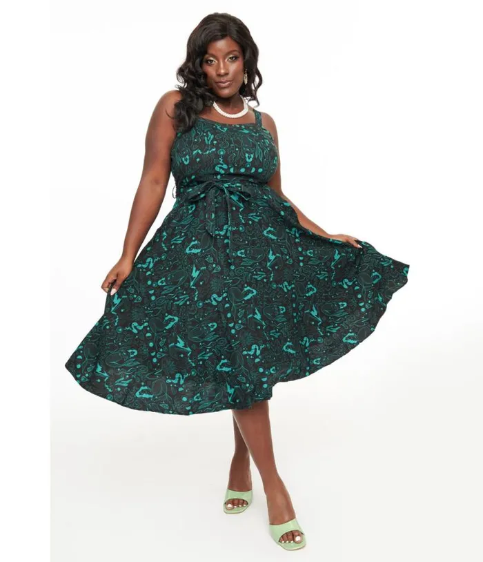 Miss Lulo Plus Size 1950s Teal Sea Witch Print Lori Swing Dress Dresses Unique Vintage Pocket Dresses